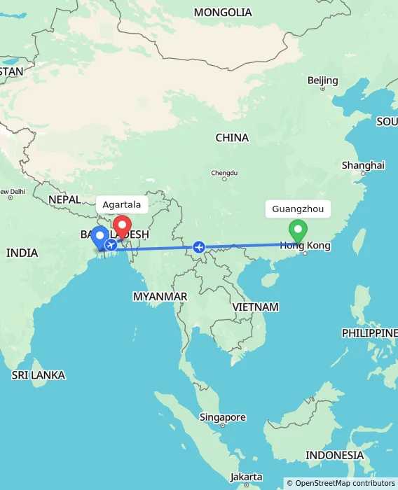 Route map showing distance and travel time from Guangzhou, China to Agartala, India