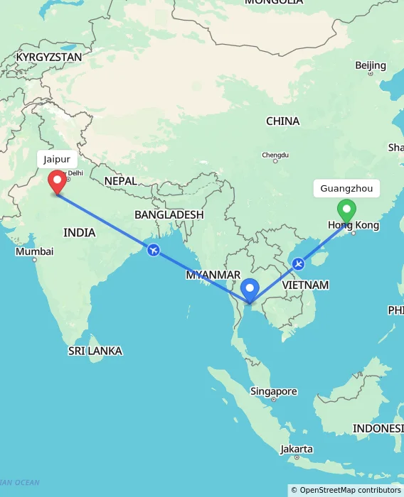Route map showing distance and travel time from Guangzhou, China to Jaipur, India