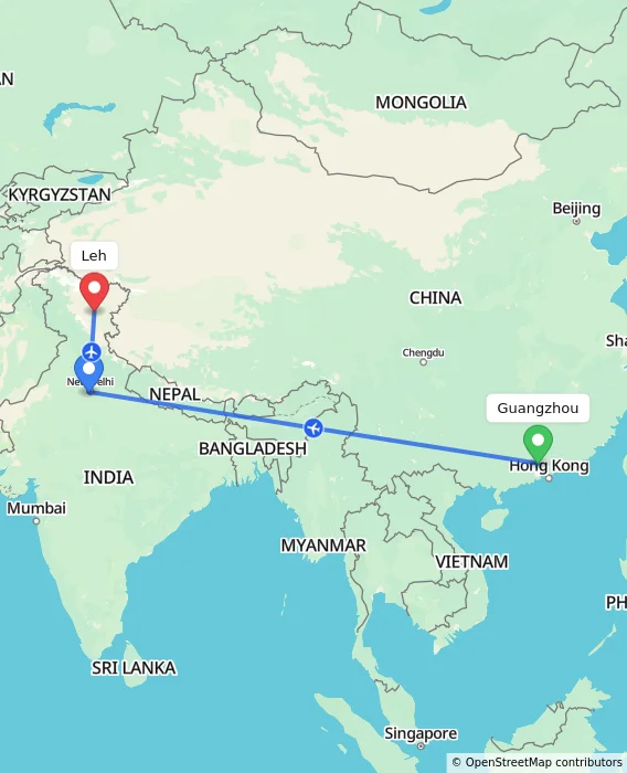 Route map showing distance and travel time from Guangzhou, China to Leh, India