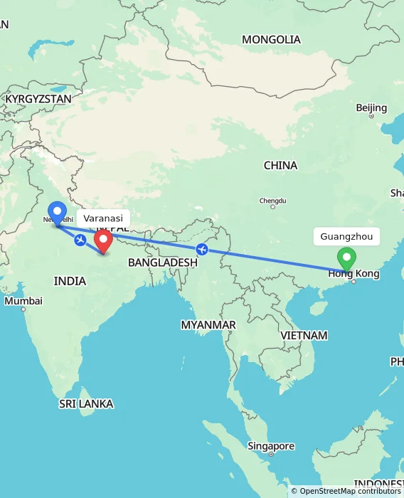 Route map showing distance and travel time from Guangzhou, China to Varanasi, India