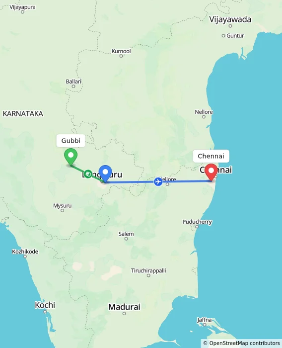Route map showing distance and travel time from Gubbi, India to Chennai, India