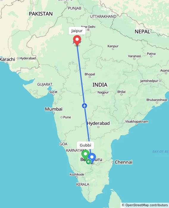 Route map showing distance and travel time from Gubbi, India to Jaipur, India