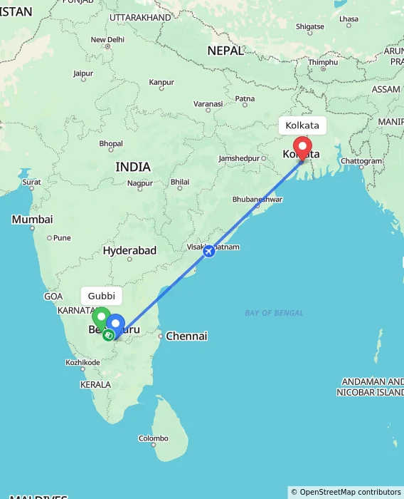 Route map showing distance and travel time from Gubbi, India to Kolkata, India