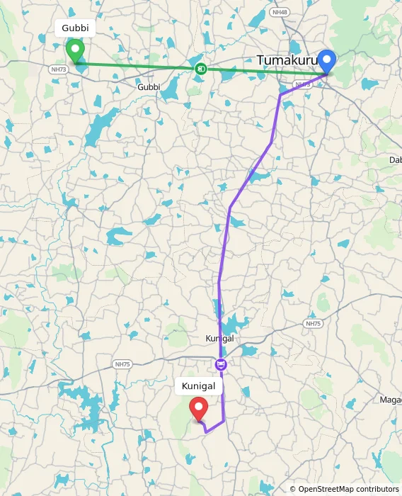 Route map showing distance and travel time from Gubbi, India to Kunigal, India