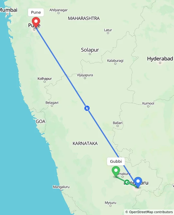 Route map showing distance and travel time from Gubbi, India to Pune, India