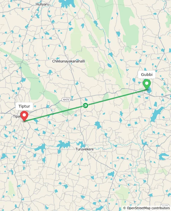 Route map showing distance and travel time from Gubbi, India to Tiptur, India