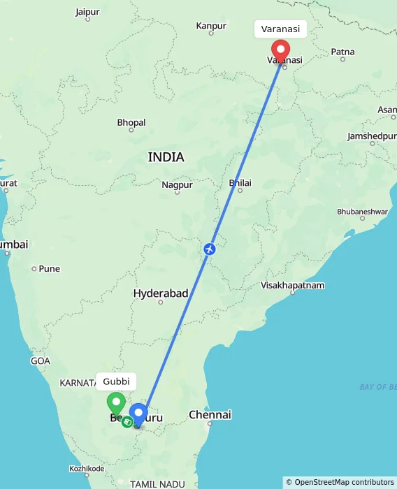 Route map showing distance and travel time from Gubbi, India to Varanasi, India