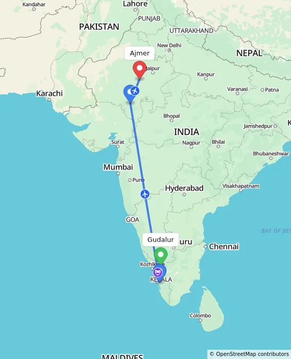 Route map showing distance and travel time from Gudalur, India to Ajmer, India