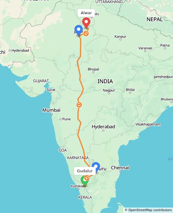 Route map showing distance and travel time from Gudalur, India to Alwar, India