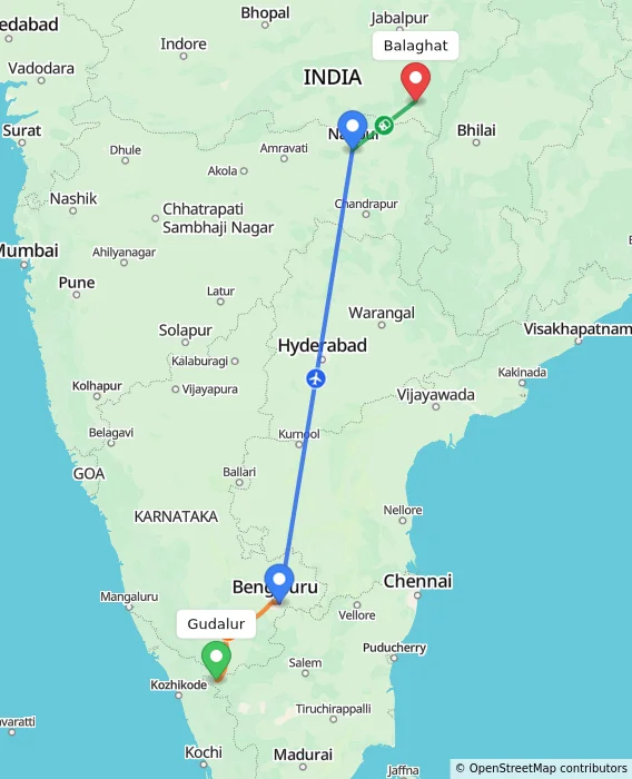 Route map showing distance and travel time from Gudalur, India to Balaghat, India