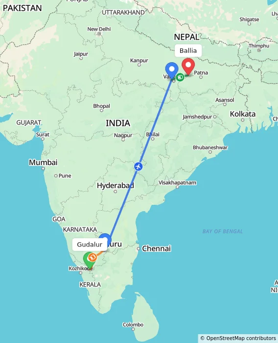 Route map showing distance and travel time from Gudalur, India to Ballia, India