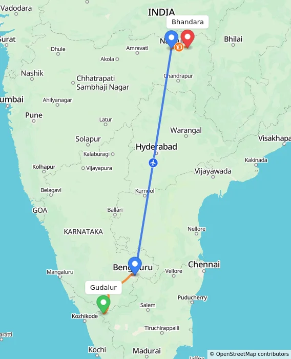 Route map showing distance and travel time from Gudalur, India to Bhandara, India