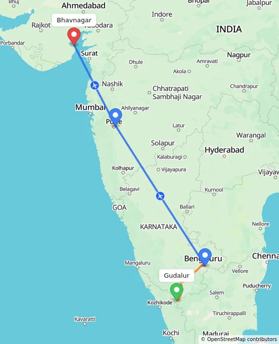 Route map showing distance and travel time from Gudalur, India to Bhavnagar, India