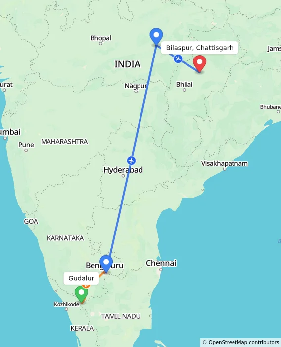 Route map showing distance and travel time from Gudalur, India to Bilaspur, Chattisgarh, India