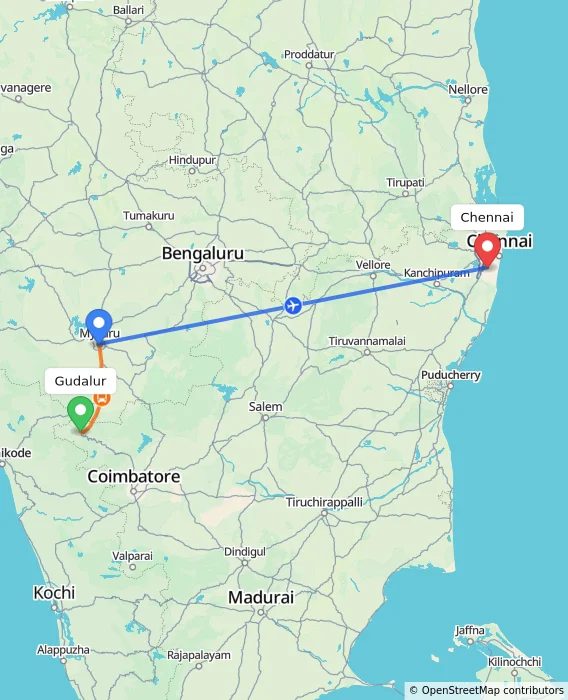 Route map showing distance and travel time from Gudalur, India to Chennai, India