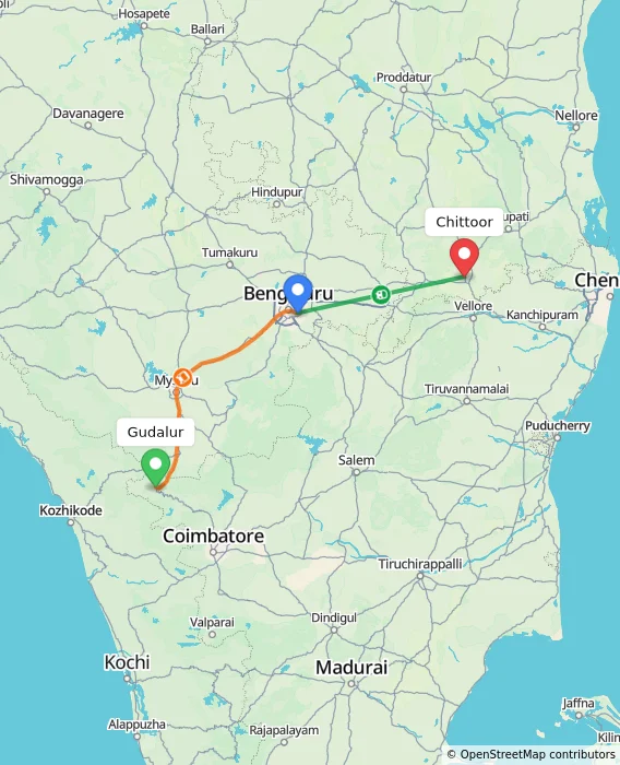 Route map showing distance and travel time from Gudalur, India to Chittoor, India