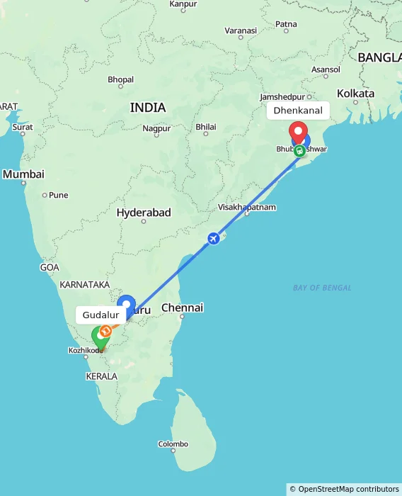Route map showing distance and travel time from Gudalur, India to Dhenkanal, India