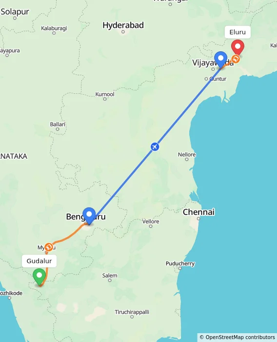 Route map showing distance and travel time from Gudalur, India to Eluru, India
