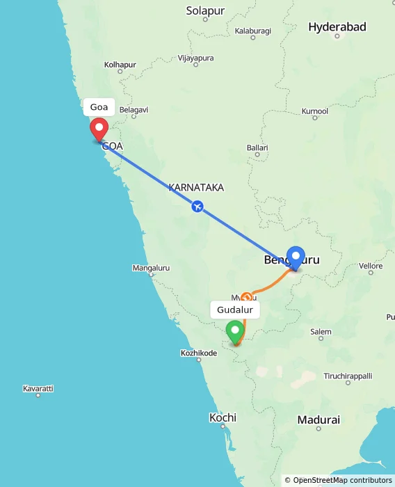 Route map showing distance and travel time from Gudalur, India to Goa, India