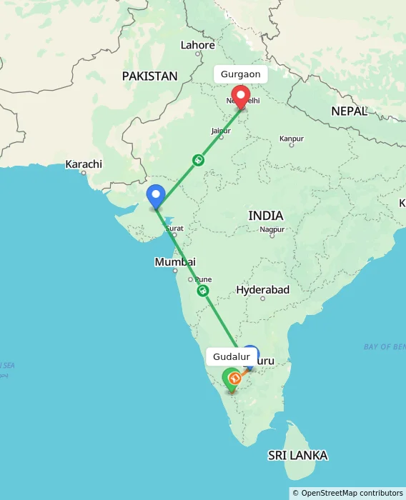 Route map showing distance and travel time from Gudalur, India to Gurgaon, India