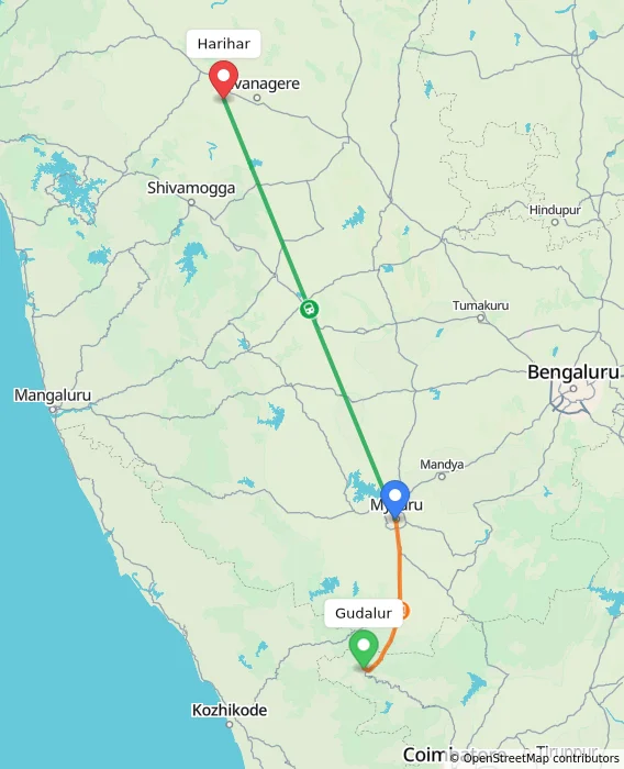 Route map showing distance and travel time from Gudalur, India to Harihar, India