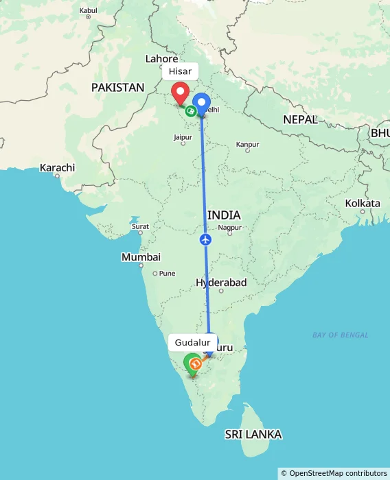 Route map showing distance and travel time from Gudalur, India to Hisar, India