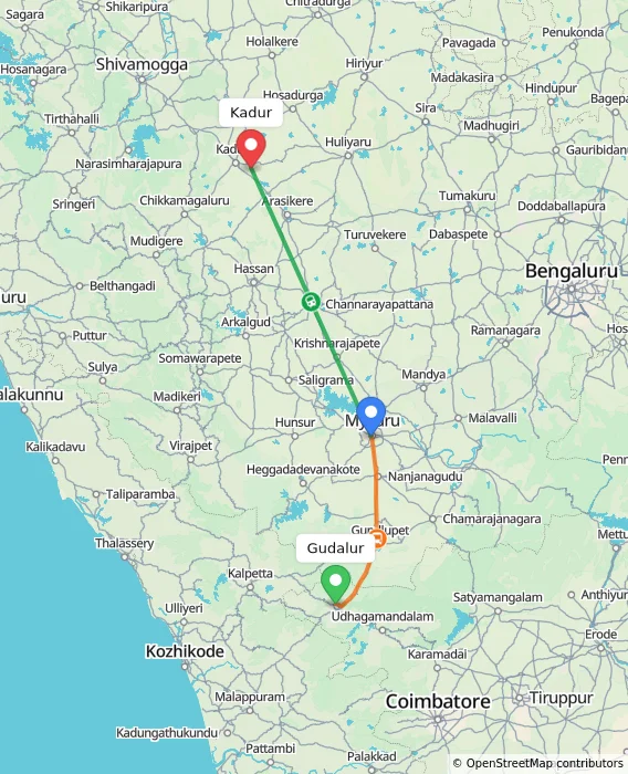 Route map showing distance and travel time from Gudalur, India to Kadur, India