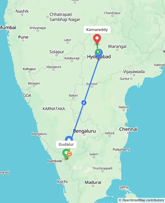 Route map showing distance and travel time from Gudalur, India to Kamareddy, India