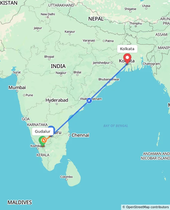 Route map showing distance and travel time from Gudalur, India to Kolkata, India