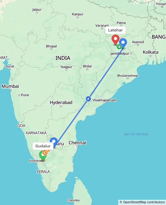 Route map showing distance and travel time from Gudalur, India to Latehar, India