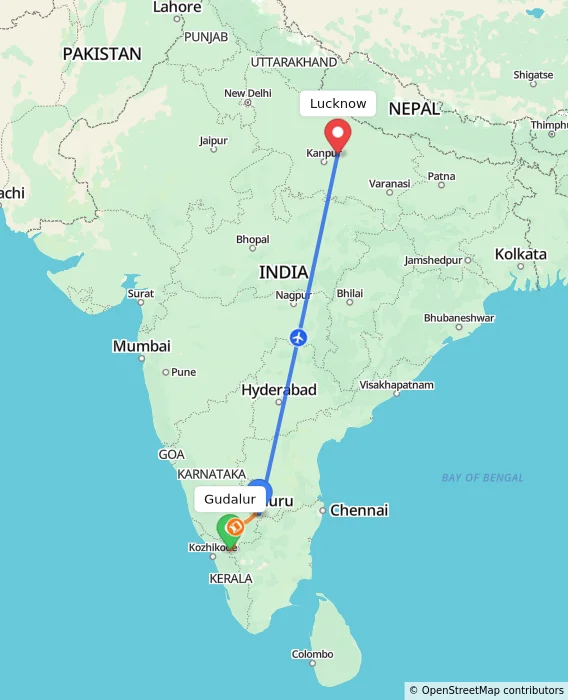Route map showing distance and travel time from Gudalur, India to Lucknow, India