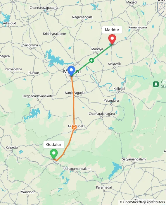 Route map showing distance and travel time from Gudalur, India to Maddur, India