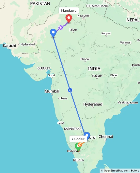 Route map showing distance and travel time from Gudalur, India to Mandawa, India