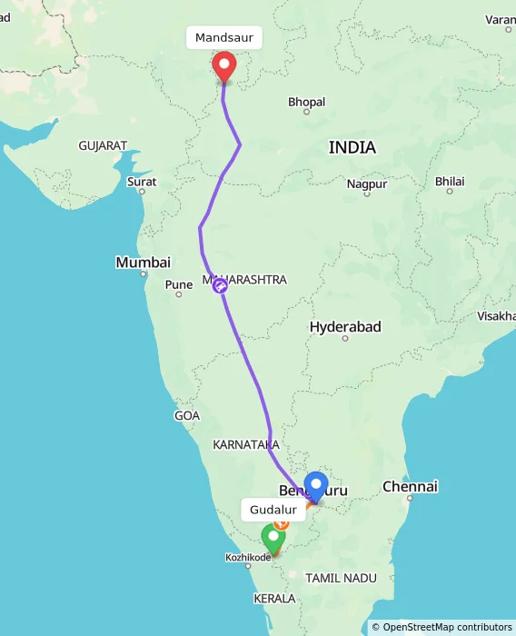 Route map showing distance and travel time from Gudalur, India to Mandsaur, India