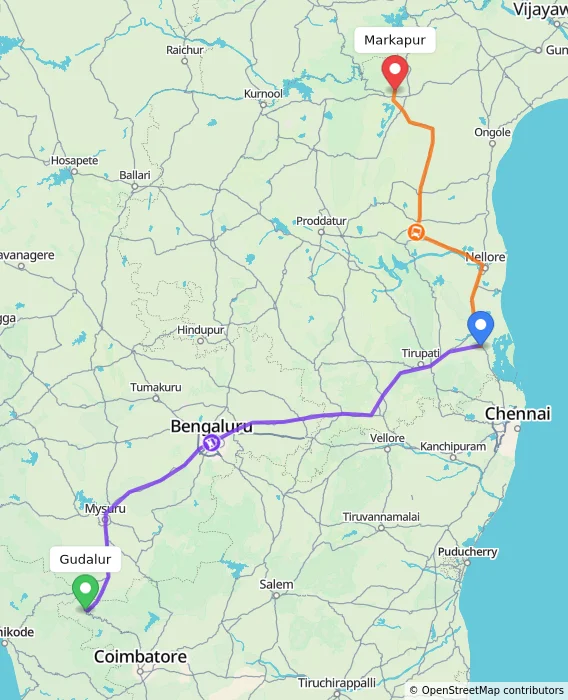 Route map showing distance and travel time from Gudalur, India to Markapur, India