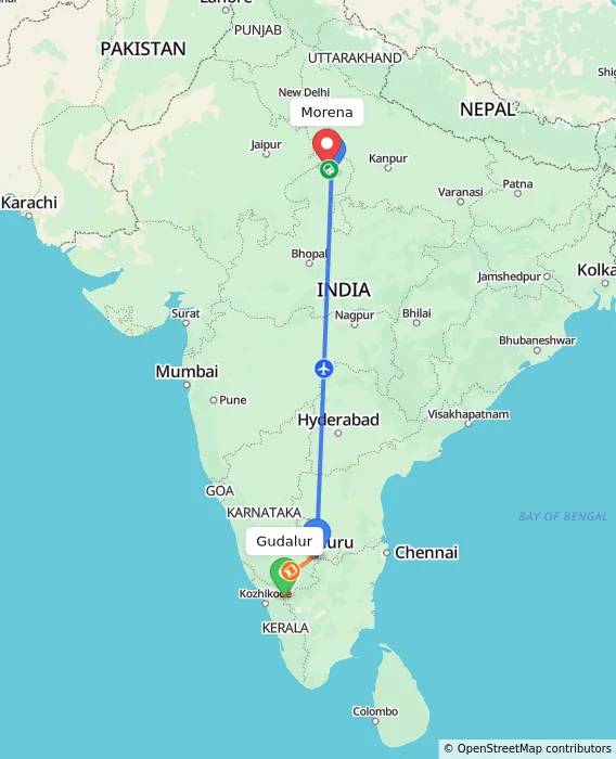 Route map showing distance and travel time from Gudalur, India to Morena, India