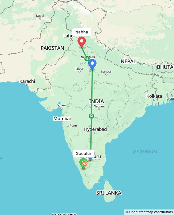 Route map showing distance and travel time from Gudalur, India to Nabha, India