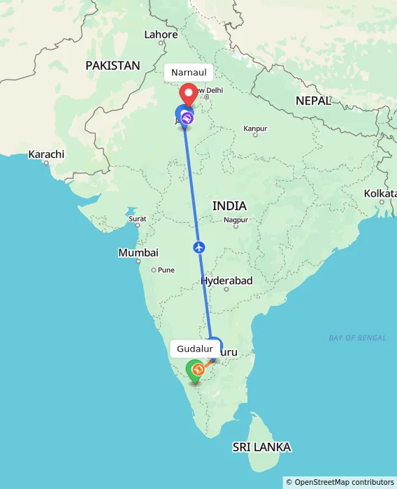 Route map showing distance and travel time from Gudalur, India to Narnaul, India