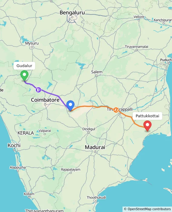 Route map showing distance and travel time from Gudalur, India to Pattukkottai, India