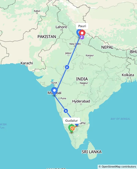 Route map showing distance and travel time from Gudalur, India to Pauri, India
