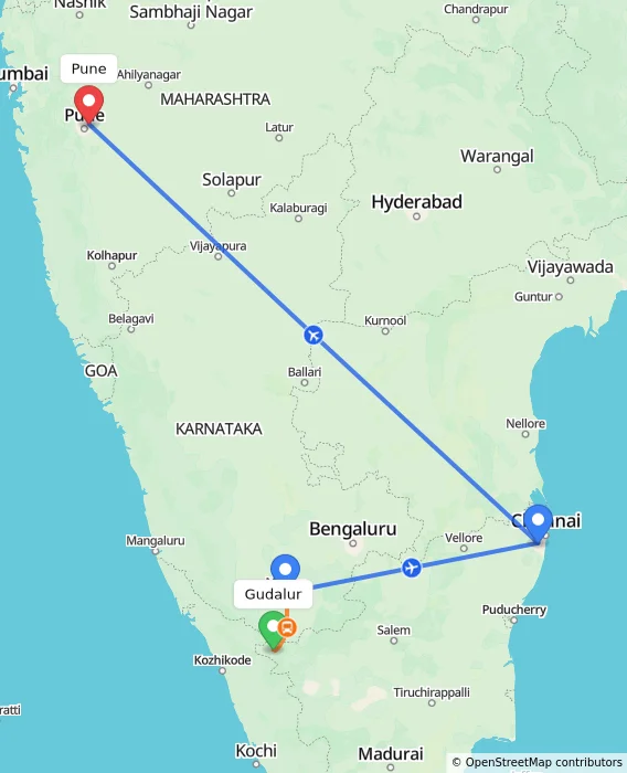 Route map showing distance and travel time from Gudalur, India to Pune, India