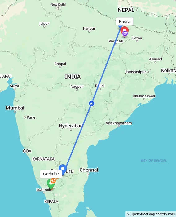 Route map showing distance and travel time from Gudalur, India to Rasra, India