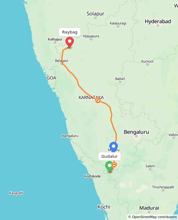 Route map showing distance and travel time from Gudalur, India to Raybag, India