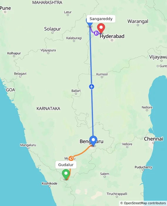 Route map showing distance and travel time from Gudalur, India to Sangareddy, India