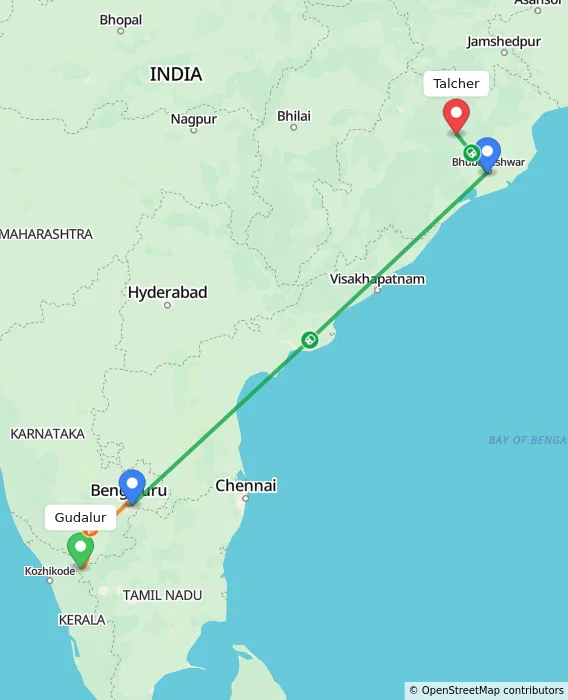 Route map showing distance and travel time from Gudalur, India to Talcher, India