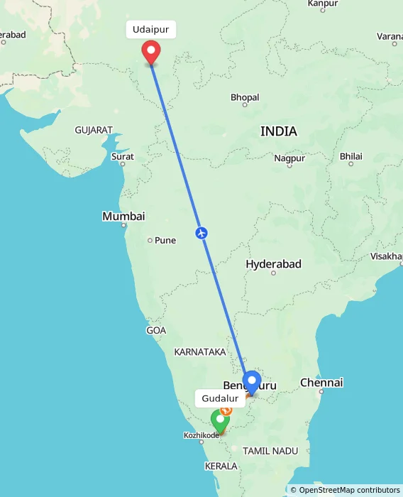 Route map showing distance and travel time from Gudalur, India to Udaipur, India