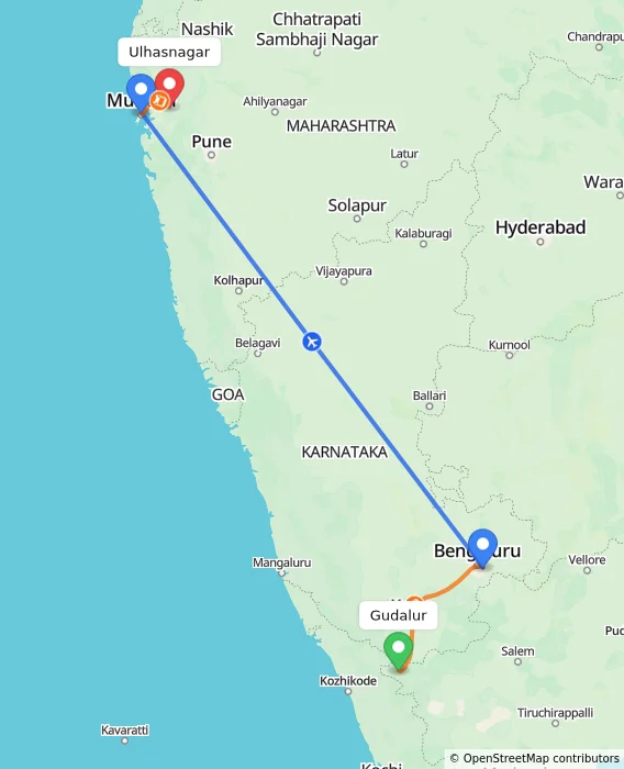 Route map showing distance and travel time from Gudalur, India to Ulhasnagar, India