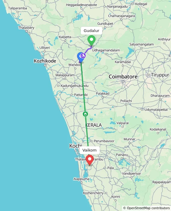 Route map showing distance and travel time from Gudalur, India to Vaikom, India