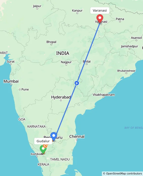 Route map showing distance and travel time from Gudalur, India to Varanasi, India