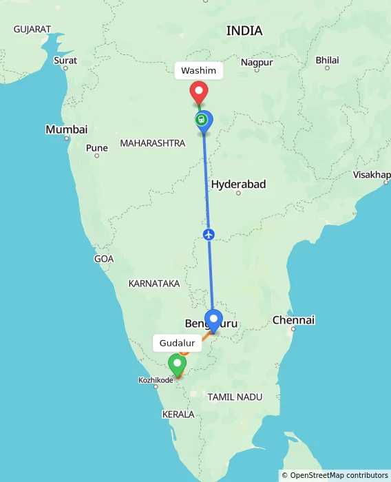 Route map showing distance and travel time from Gudalur, India to Washim, India